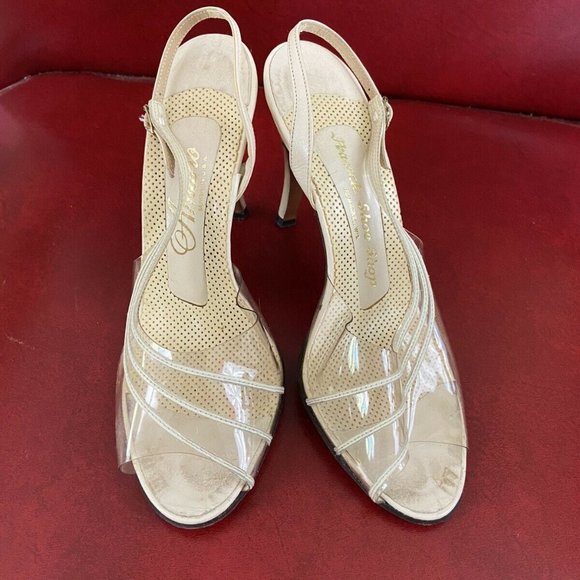 Vintage AMANO Clear Peep Toe Sling Back Heels 1960's Cream Leather Shoes Womens - Picture 2 of 6